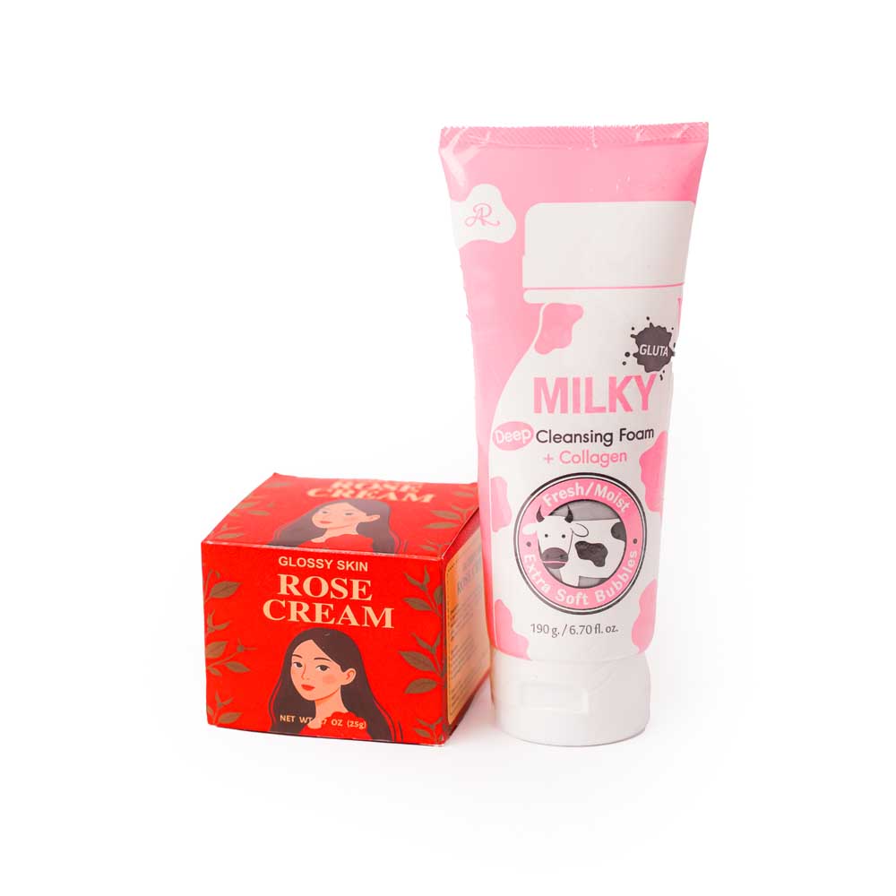 Glossy Rose Cream & Milky Collagen Facewash Combo