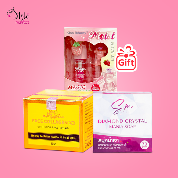 SM Diamond Crystal Soap & collagen x3 cream (Kiss beauty Lipbum Gift)