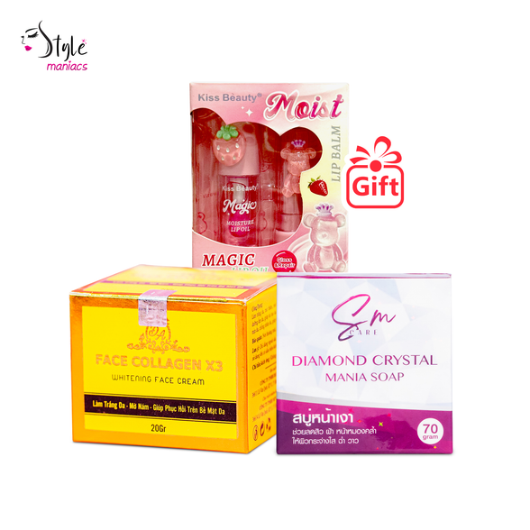 SM Diamond Crystal Soap & collagen x3 cream (Kiss beauty Lipbum Gift)