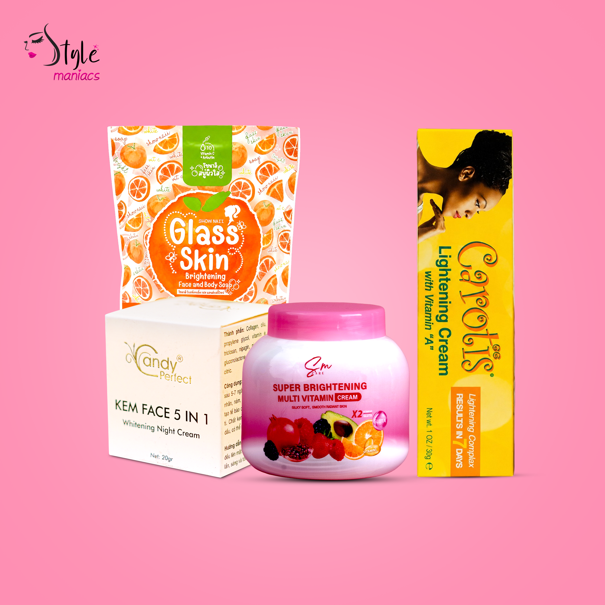 Candy Cream, Carotis Cream, SM Multivitamin Moisturizer & 10x Glass Skin Soap Combo