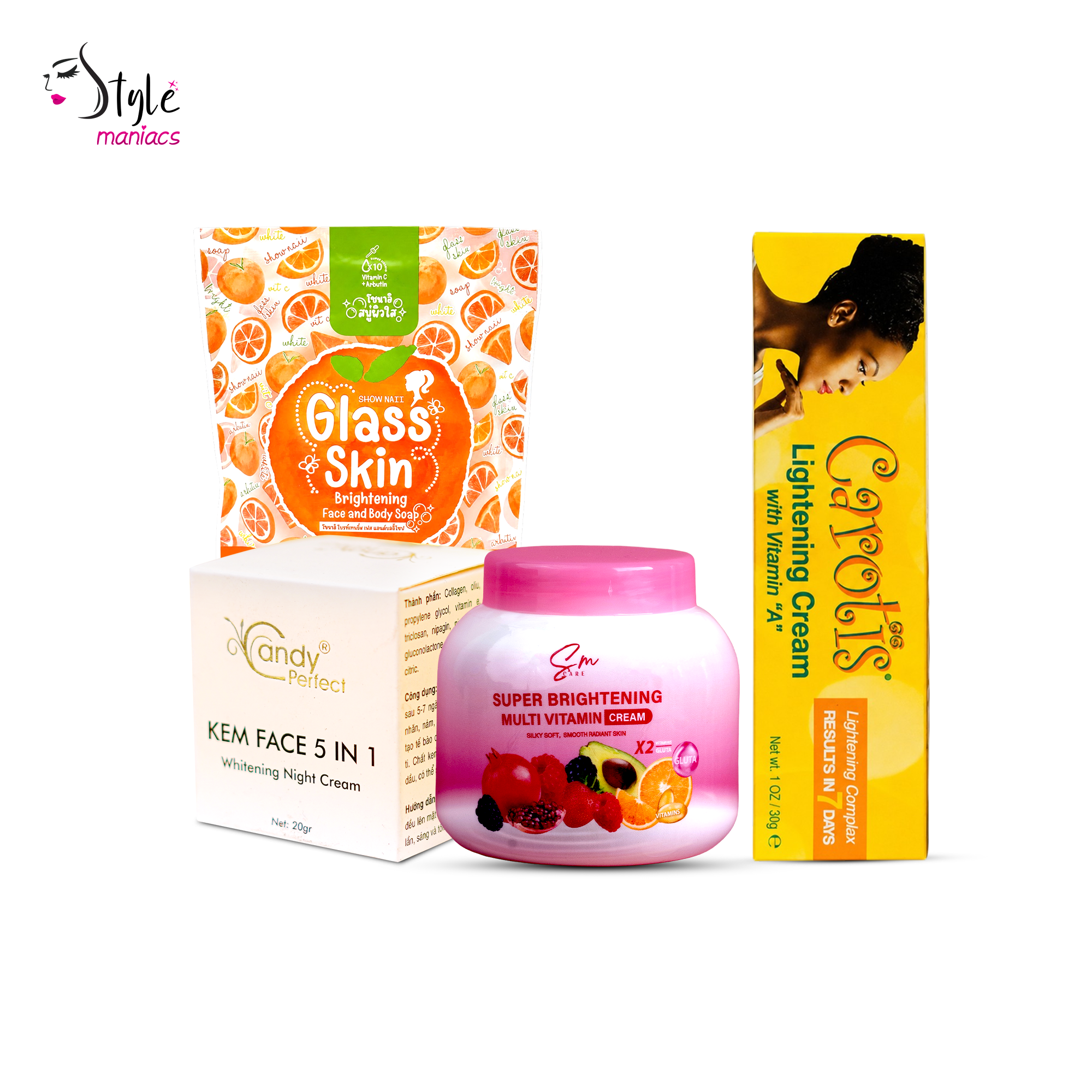 Candy Cream, Carotis Cream, SM Multivitamin Moisturizer & 10x Glass Skin Soap Combo