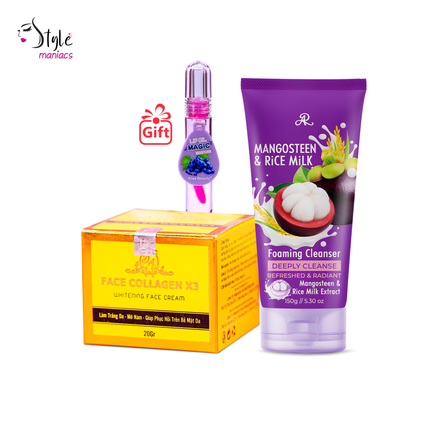 Face Collagen x3 cream & Mangosteen Facewash combo (Magic Mirror Lip Balm (FREE))