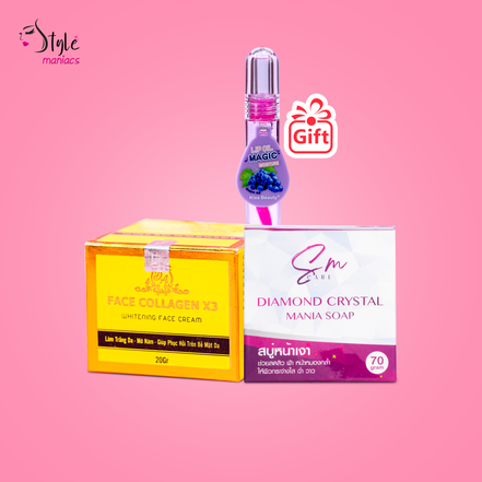 Face Collagen x3 & SM Diamond  Soap Combo (Kiss beauty Lipbum Gift) - Style Maniacs