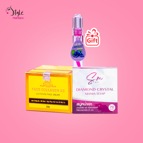 Face Collagen x3 & SM Diamond  Soap Combo (Kiss beauty Lipbum Gift) - Style Maniacs