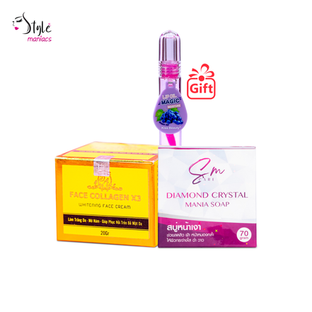 Face Collagen x3 & SM Diamond  Soap Combo (Kiss beauty Lipbum Gift) - Style Maniacs