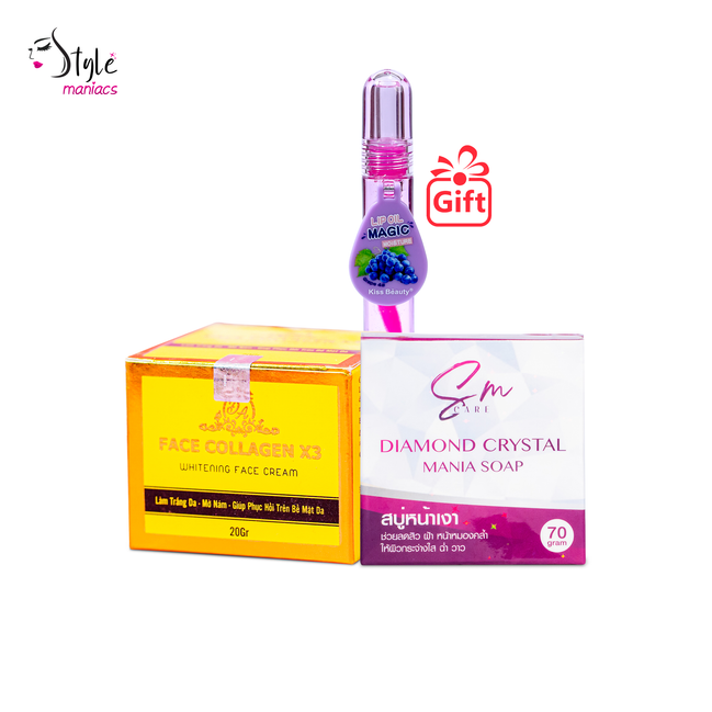 Face Collagen x3 & SM Diamond  Soap Combo (Kiss beauty Lipbum Gift) - Style Maniacs