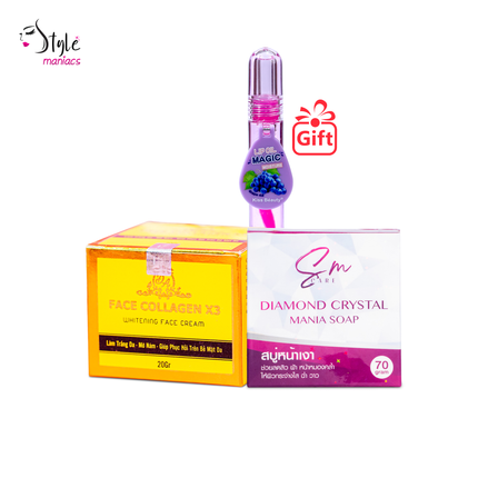 Face Collagen x3 & SM Diamond  Soap Combo (Kiss beauty Lipbum Gift) - Style Maniacs