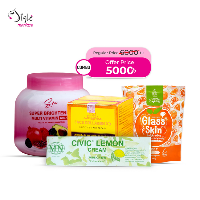 Collagen X3 Cream, Civic Lemon Cream, SM Multivitamin Moisturizer & Glass Skin Soap Combo