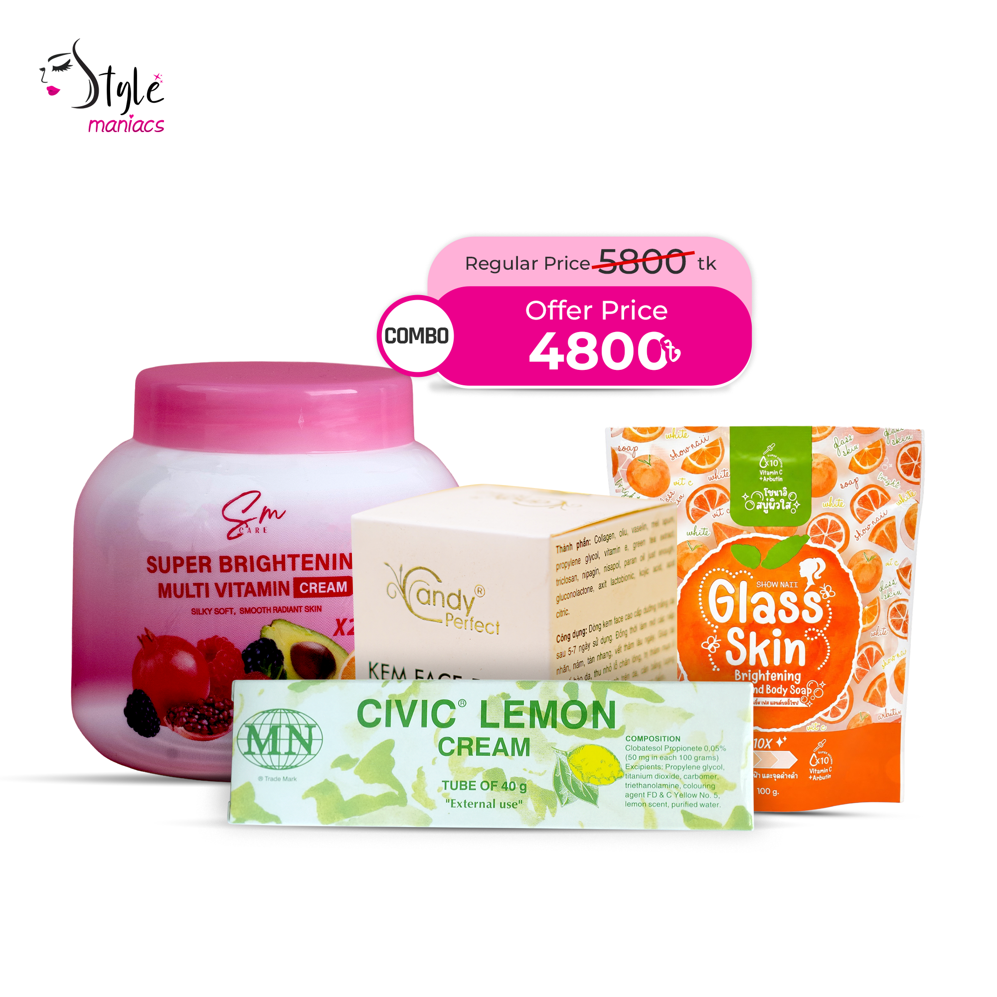 Candy Perfect Cream, Civic Lemon Cream, SM Multivitamin Moisturizer & Glass Skin Soap Combo