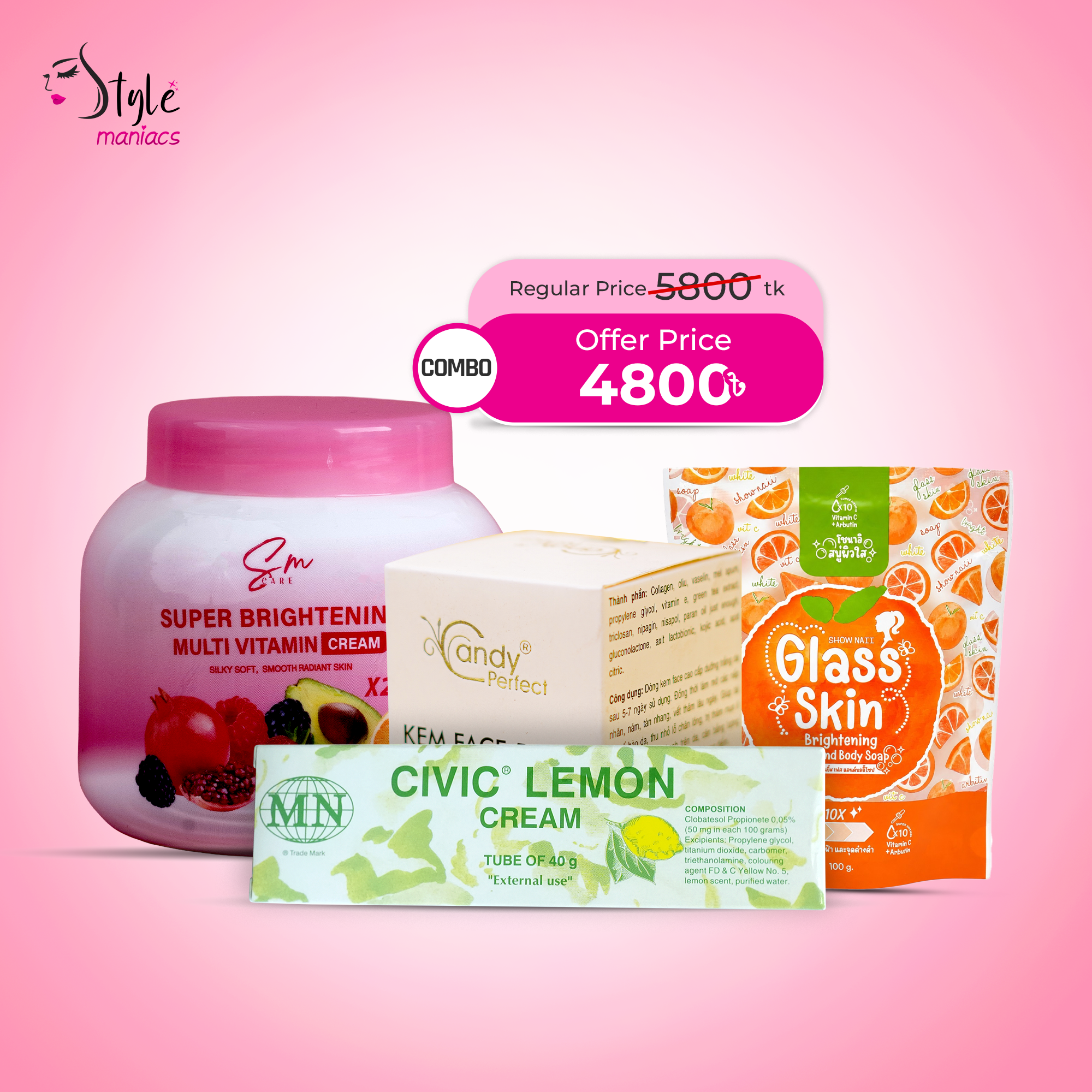 Candy Perfect Cream, Civic Lemon Cream, SM Multivitamin Moisturizer & Glass Skin Soap Combo