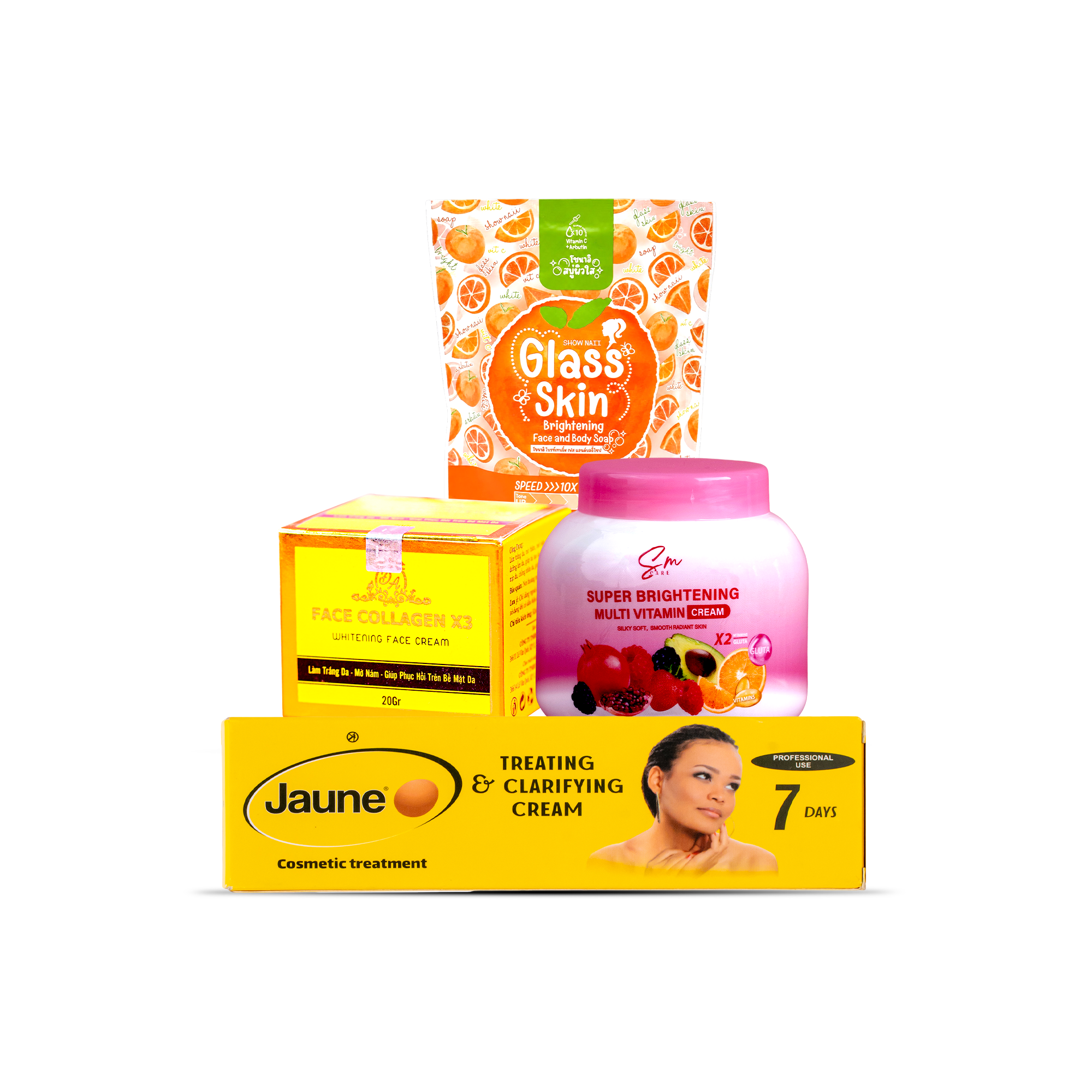 Collagen X3 cream, Sm multivitamin moisturizer, Jaune cream & 10x soap