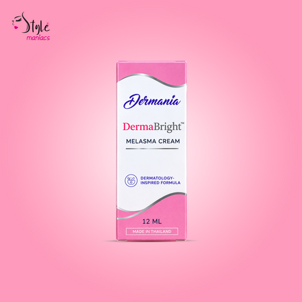 A 12 mL box of Dermania DermaBright Melasma Cream, featuring a pink and white design with silver accents, centered on a solid pink background.