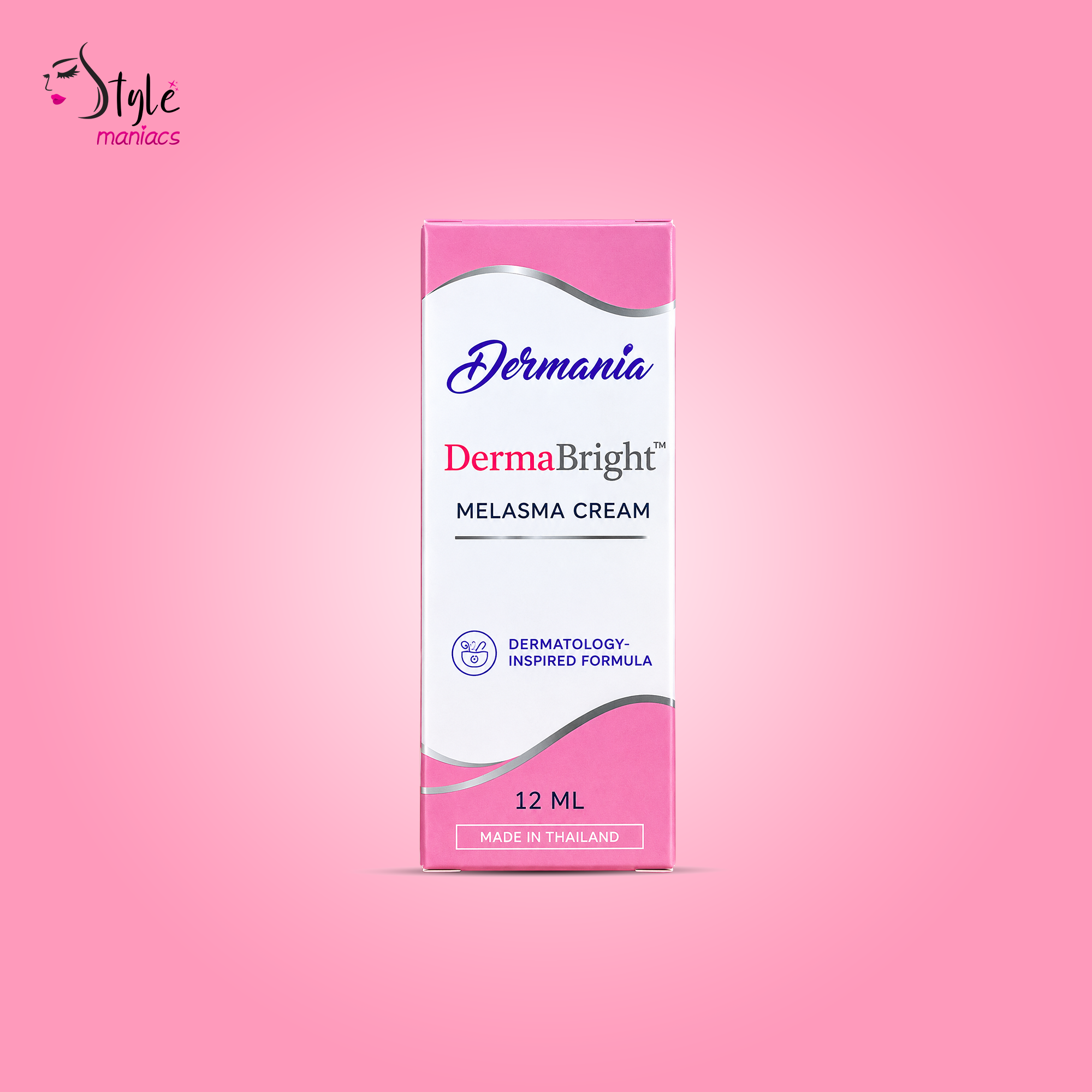 A 12 mL box of Dermania DermaBright Melasma Cream, featuring a pink and white design with silver accents, centered on a solid pink background.