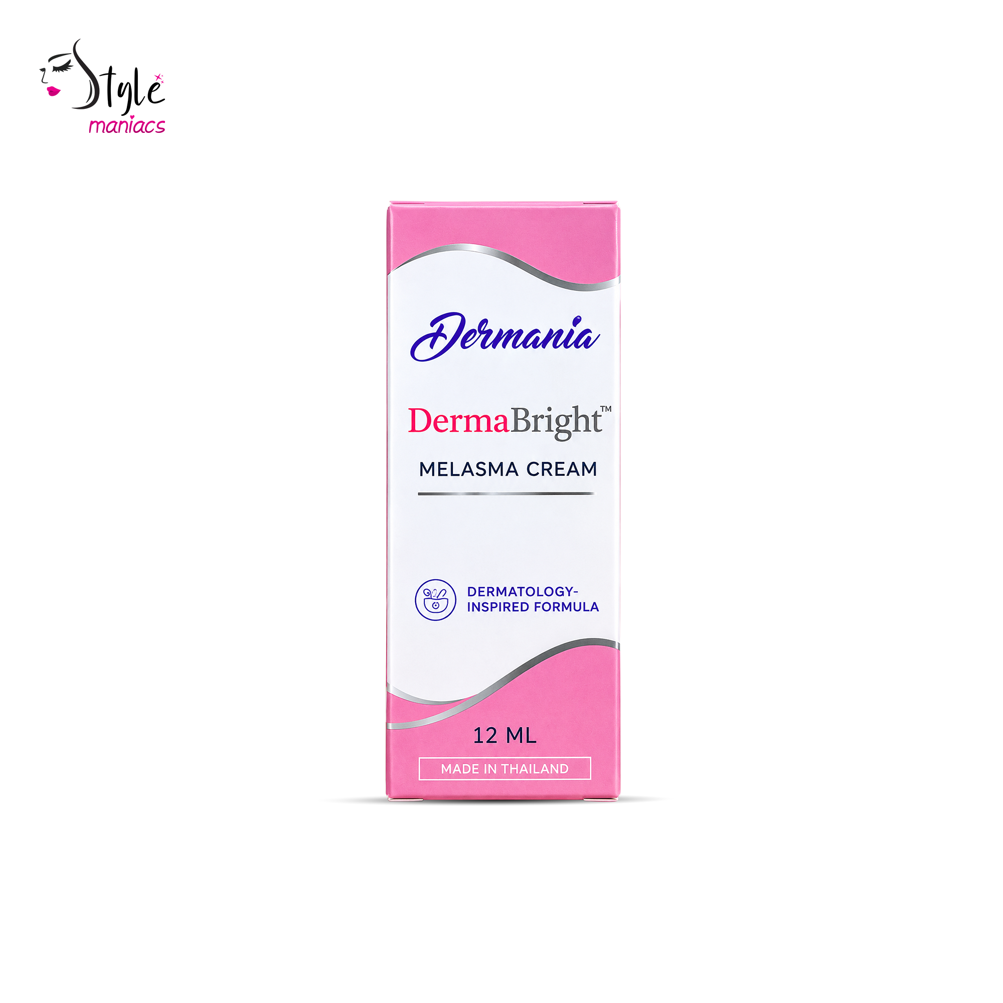 A 12 ML box of Dermania DermaBright Melasma Cream, featuring a pink and white design with blue and red text, centered on a white background with a 'Style maniacs' logo in the top left corner.