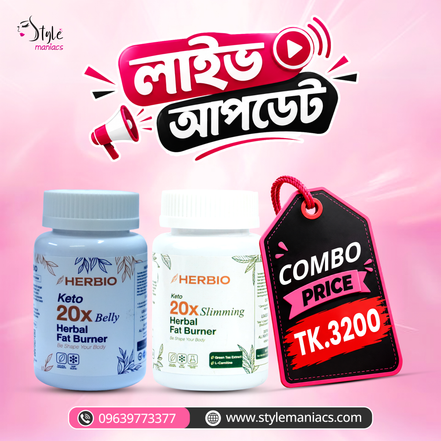 Promotional graphic for a HERBIO keto herbal fat burner combo pack, featuring two white plastic supplement bottles (Keto 20X Belly and Keto 20X Slimming) alongside a black price tag graphic reading 'COMBO PRICE TK.3200' on a pink background with Bengali text and the Style Maniacs logo.