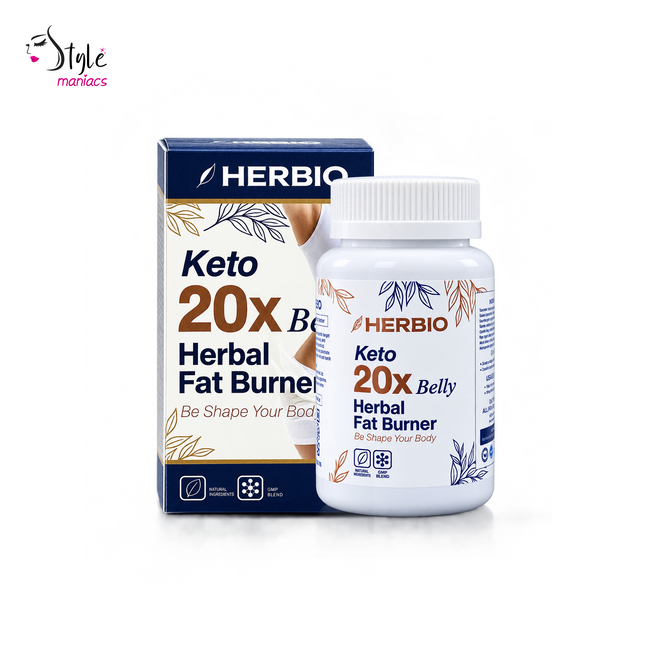 A bottle and box of HERBIO Keto 20X Belly Herbal Fat Burner, shown on a clean white background with a small 'Style maniacs' watermark in the top-left corner.
