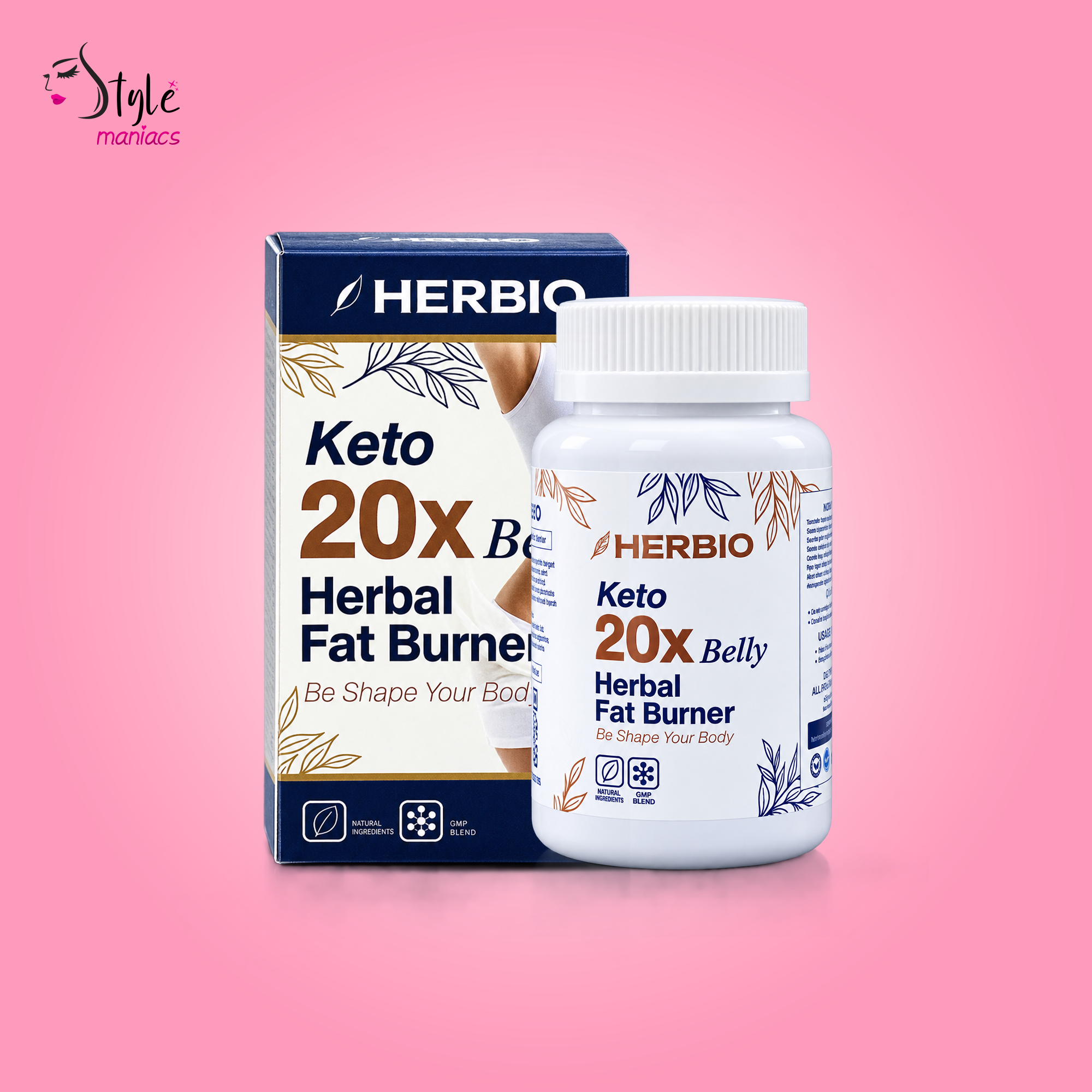 A bottle and box of HERBIO Keto 20X Belly Herbal Fat Burner, displayed on a solid pink background.