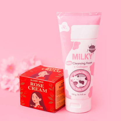 Glossy Rose Cream & Milky Collagen Facewash Combo
